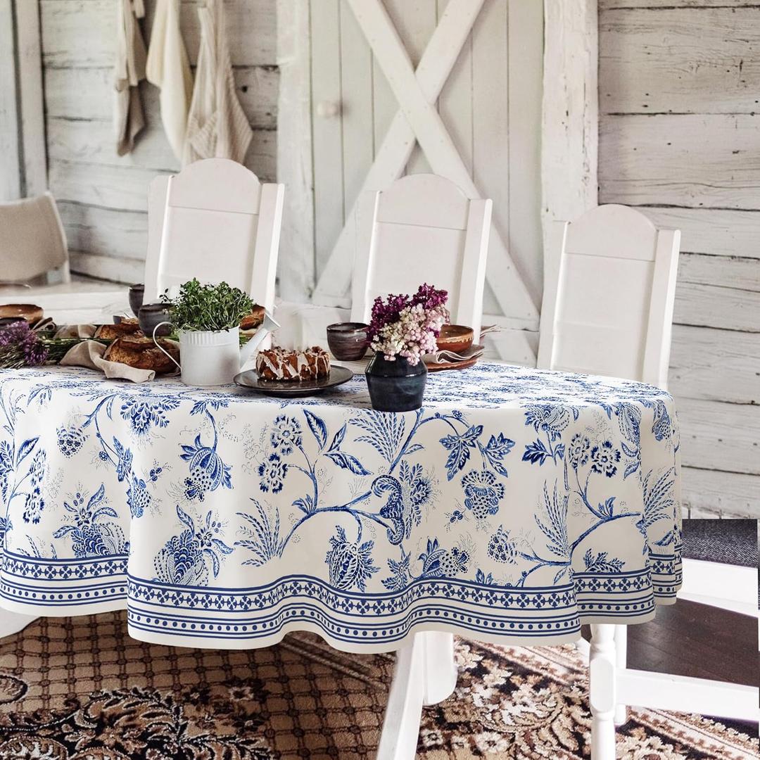 Blue Floral Oval Tablecloth 54x72 Inch, Blue and White French Country Tablecloth, Rustic Floral Polyester Waterproof Tablecloth for Farmhouse Kitchen Decor/Indoor and Outdoor Tables/Parties/Picnics