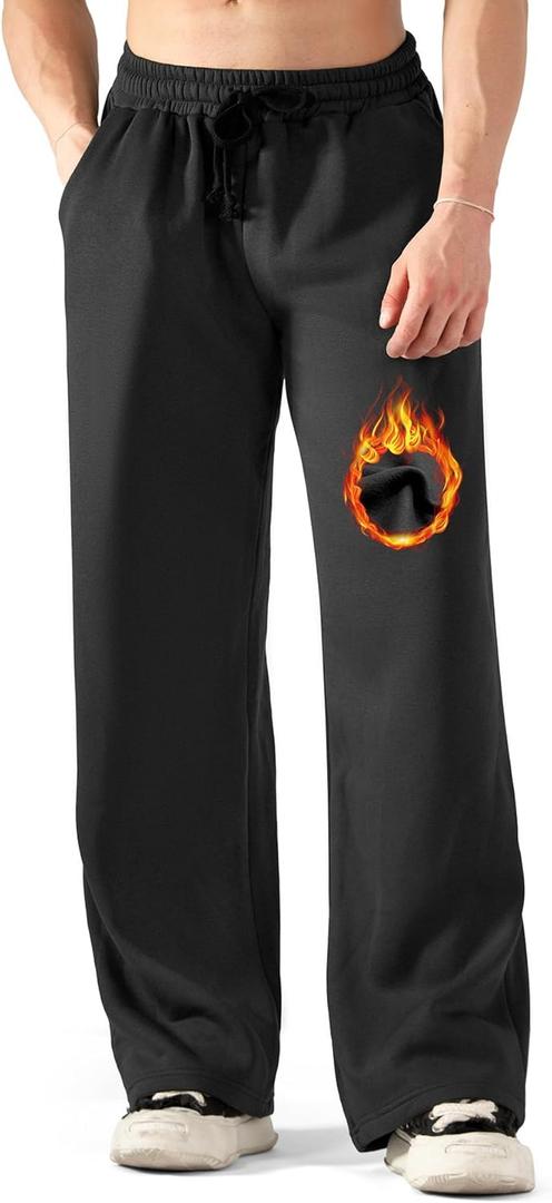 BRISIRA Mens Baggy Sweatpants Fleece Lined Wide Leg Warm Sweat Pants Open Bottom with Deep Pocket & Elastic Waist Drawstring (X-Large, Black)