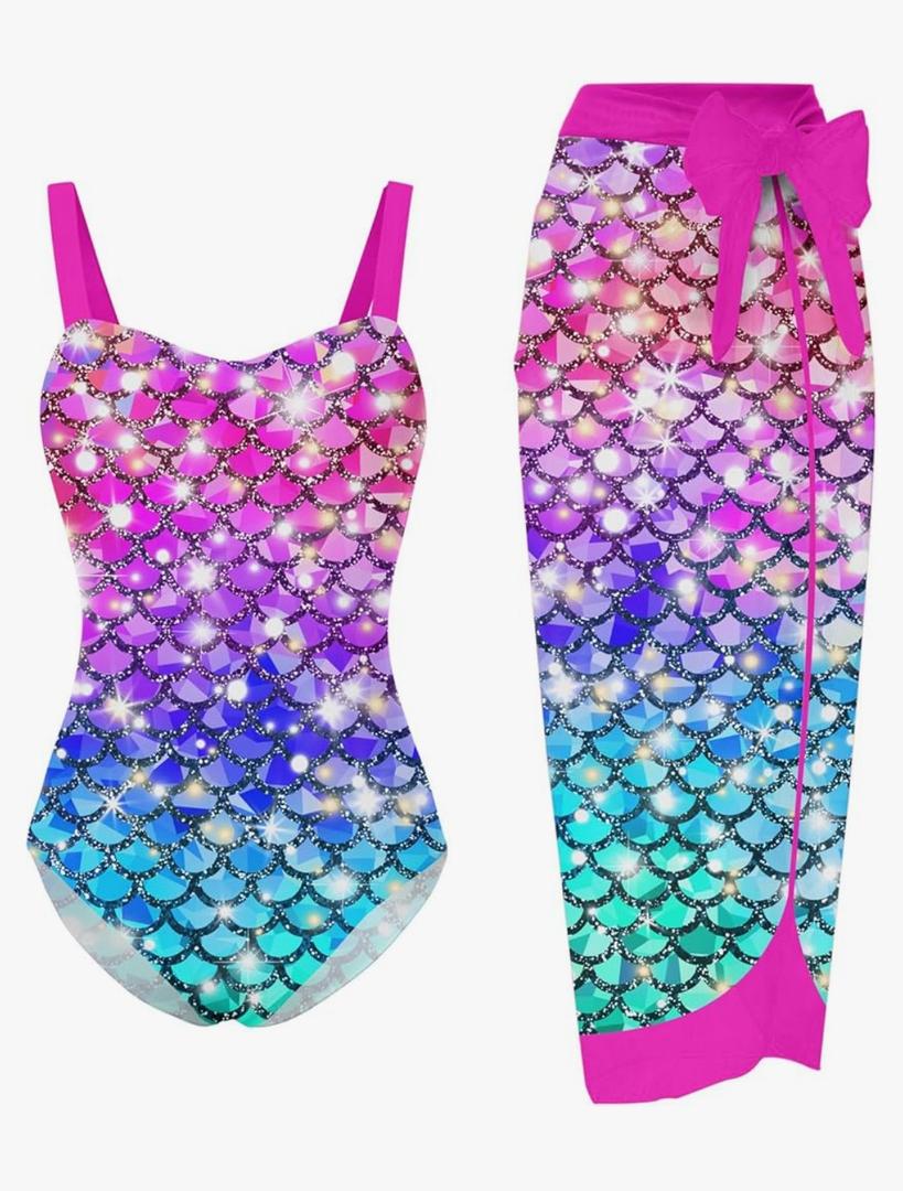 UNIFACO Girls One Piece Swimsuit with Cover Up Skirt 2 Piece Bathing Suit Swimwear Sets 9Y