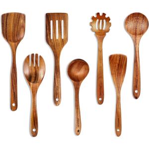 Wooden Spoons for Cooking, Wooden Utensils for Cooking Natural Teak Wooden Kitchen Utensils Set Comfort Grip (7 PCS SET)