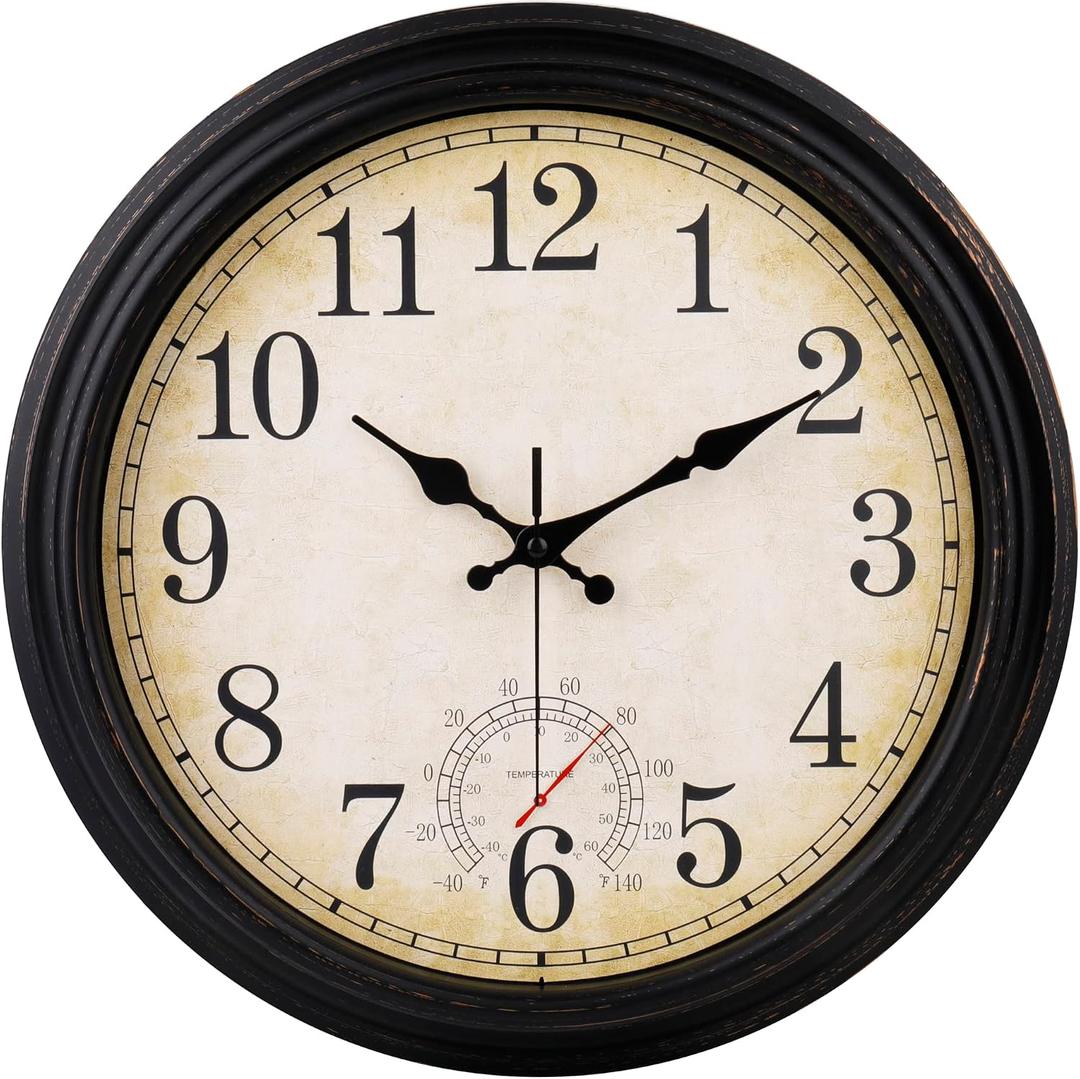 Wall Clock Vintage Style Inodor Outdoor Clock 16 Inch Large Wall Clocks Waterproof with Thermometer for Living Room Patio Pool Garden (Bronze)