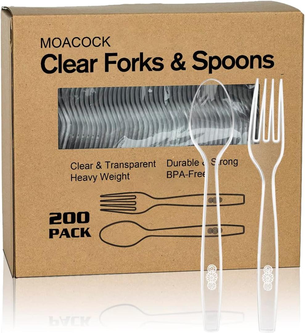 200 Count Plastic Silverware, Heavy Weight Plastic Forks Spoons Disposable Utensils Cutlery Set for Wedding Party Supplies Everyday Use (Clear)