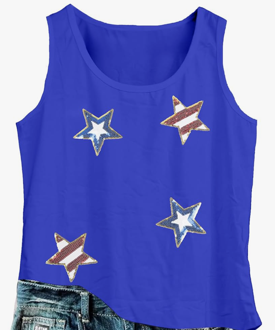 American Flag Tank Top Women 4th of July Tank Tops Stars Sequin Tanks Vest Patriotic O-Neck Casual Sleeveless Tops Size L