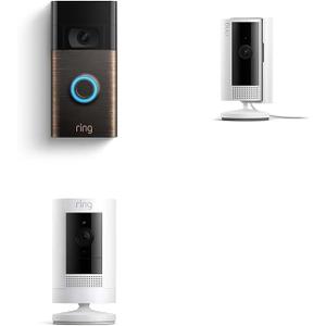 Ring Video Doorbell (Venetian Bronze) with Ring Stick Up Cam Battery and Ring Indoor Cam, White