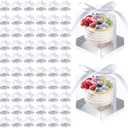100 Pieces Individual Clear Cupcake Boxes 3.5 Inch Plastic Silver Cupcake Containers Single Cookie Carrier with Inserts and Ribbon Transparent Cupcake Holder for Wedding Birthday Party Favors