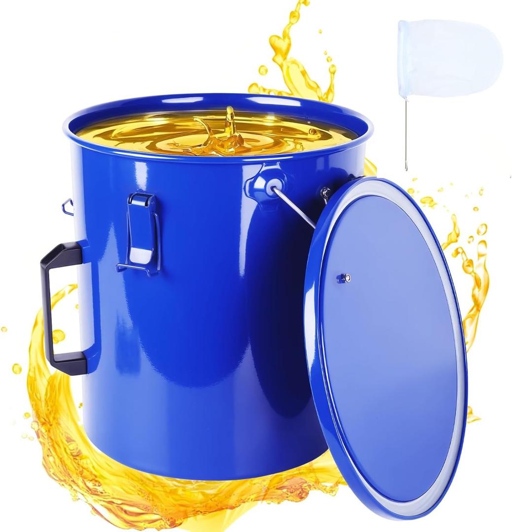 Fryer Grease Bucket, 6 Gallon Oil Disposal Caddy with Rustproof Coating, Steel Oil Bucket with Lid, Lock Clips and Handle, Oil Transport Container with Strainer Bags