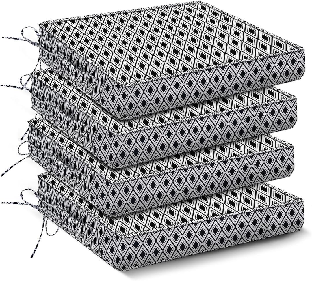 Outdoor Chair Cushions Set of 4,Waterproof Outdoor Seat Cushions for Patio Furniture,Patio Chair Cushion with Handle and Ties, Out Door Chair Pads,19" x 19" x 3", Black Geometry