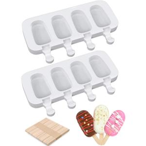 Ouddy Life Popsicle Molds Set of 2, Ice Pop Molds Silicone 4 Cavities Ice Cream Oval Cake Pop Mold with 50 Wooden Sticks for DIY Popsicle, Clear