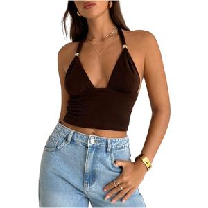 Milumia Women's Metal Deep V Neck Halter Top Sexy Backless Slim Fit Party Crop Tops (Brown, M)