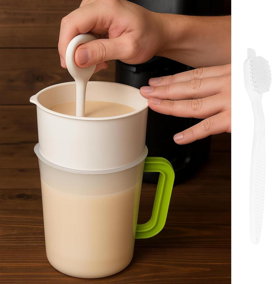 Multiple Usage Food Strainer Yogurt Strainer Maker Soy Milk Juice Tea Filter Stainless Steel Mesh Nut Milk Bag Replacement 1.5 Quart with Pitcher Handle Press Stick Brush