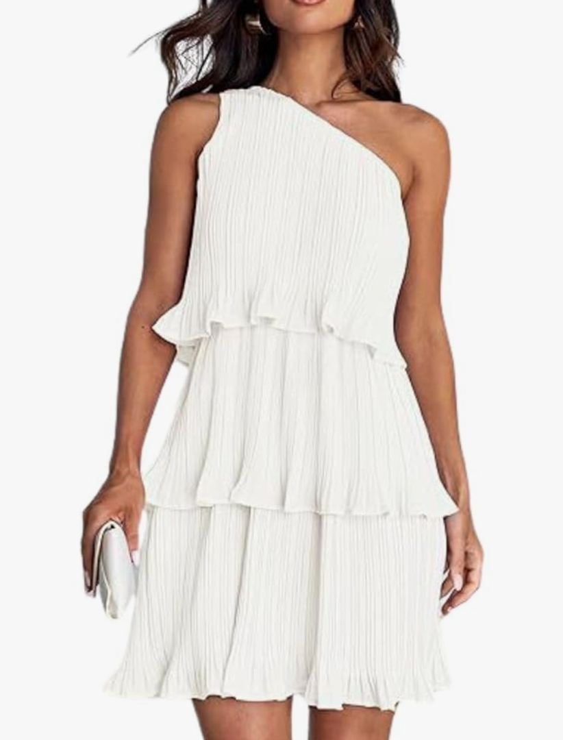 ELFTOWN Women's Summer Sleeveless Mini Dress Boho One Shoulder Ruffle Tiered Layered Chiffon Flowy Pleated A Line Dress Size L