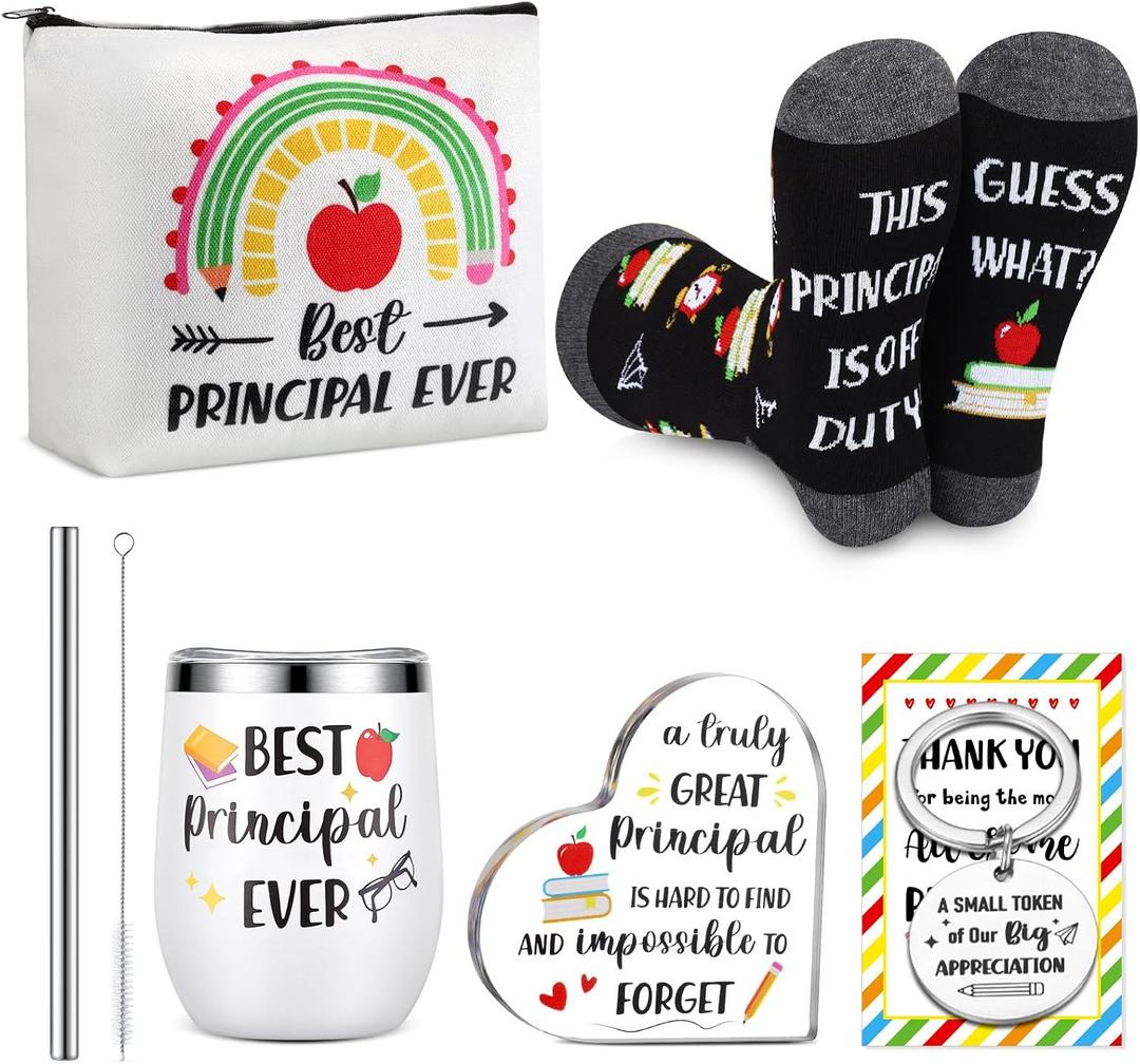 Sliner 7 Pieces Principal Appreciation Gifts for Women Men 12oz Stainless Steel Tumbler Cup Keychain Socks Makeup Bag Acrylic Sign Blessing Card Gift Box