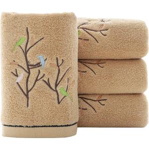 Pidada Hand Towels Set of 4 Embroidered Bird Tree Pattern 100% Cotton Absorbent Soft Decorative Towel for Bathroom (Brown) (13.8 x 29.5)