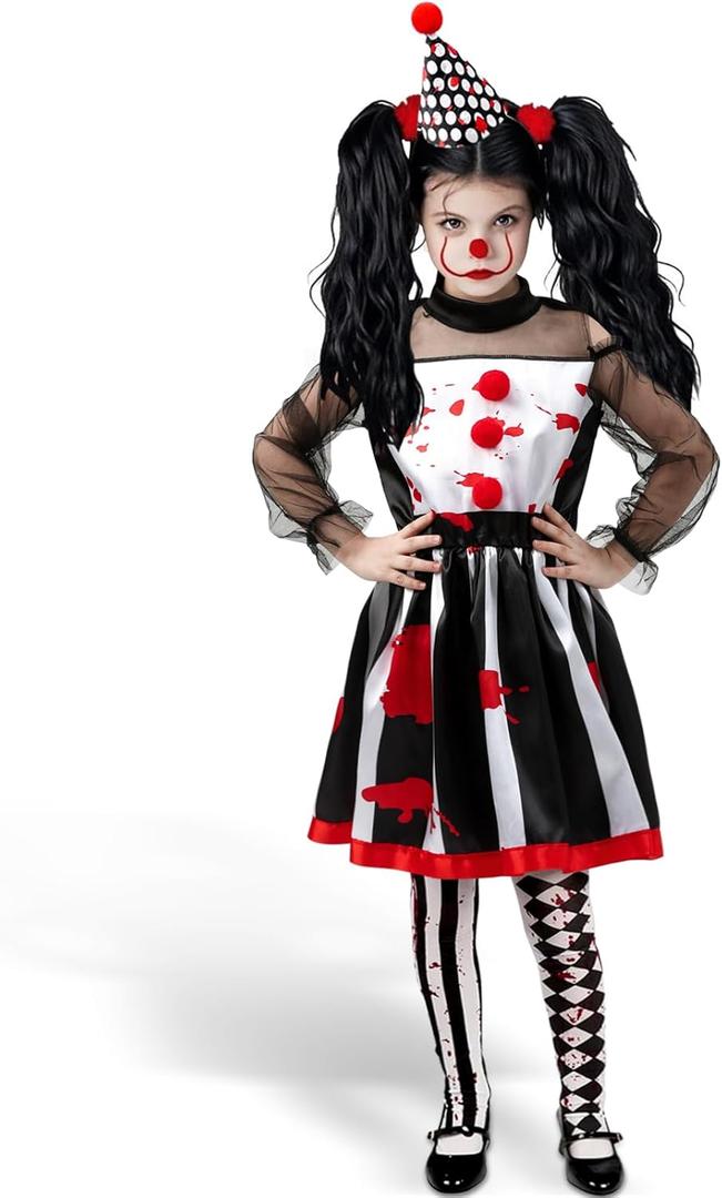 Girls Scary Clown Costume: Black and White Bloody Jester Dress with Headband Leggings for Halloween Creepy Dress Up (X-Large (12-14Y))