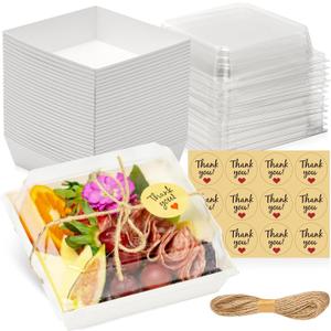 50 Pack Small Charcuterie Boxes with Clear Lids - To Go Paper Mini Charcuterie Box, Disposable Food Containers, 5Inch Dessert Boxes - Sandwich, Cookie, Sushi, Cake Slice, Strawberries (White)
