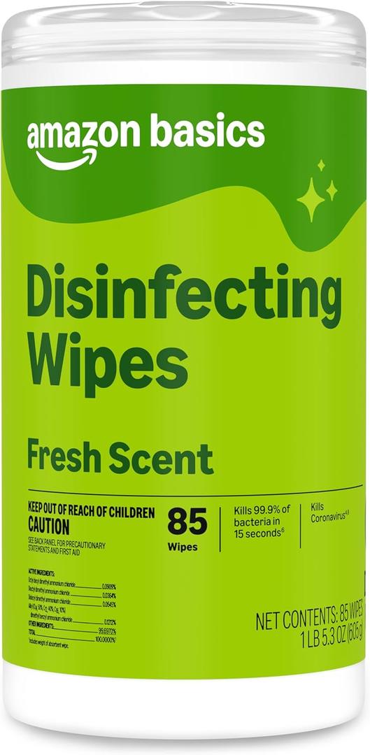 Amazon Basics Disinfecting Wipes, Fresh Scent, Sanitizes/Cleans/Disinfects/Deodorizes, 85 Count, for Hard Nonporous Surfaces