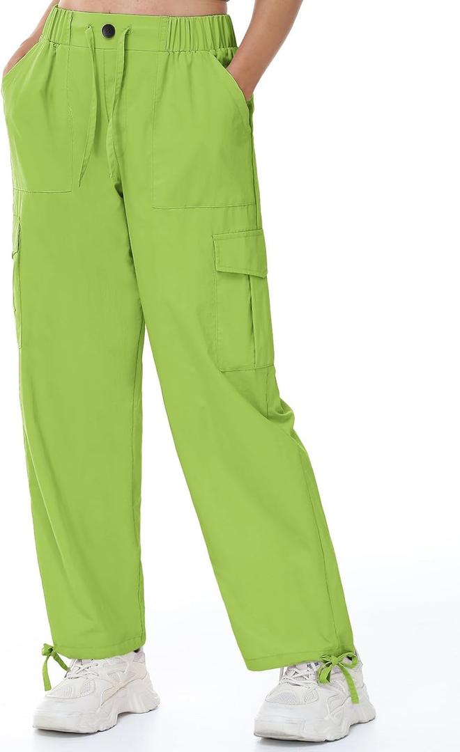 Womens Cargo Joggers Parachute Y2K Pants Lightweight Hiking Travel Scrub Pants Elastic Waist with Drawstring Quick Dry (Large, Lime Green)