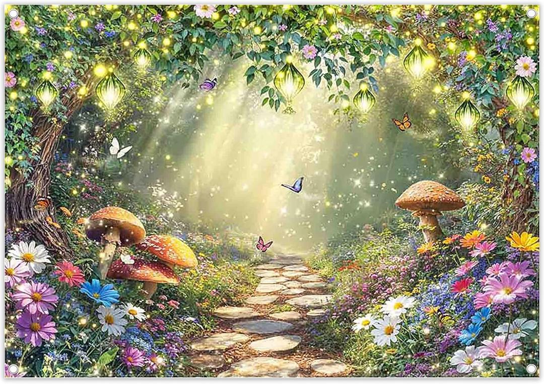 Fabric 7x5ft Spring Enchanted Forest Photography Backdrop Fairy Tale Garden Floral Wonderland Butterfly Lights Mushroom Background Kids Girls Party Decoration Photo Props