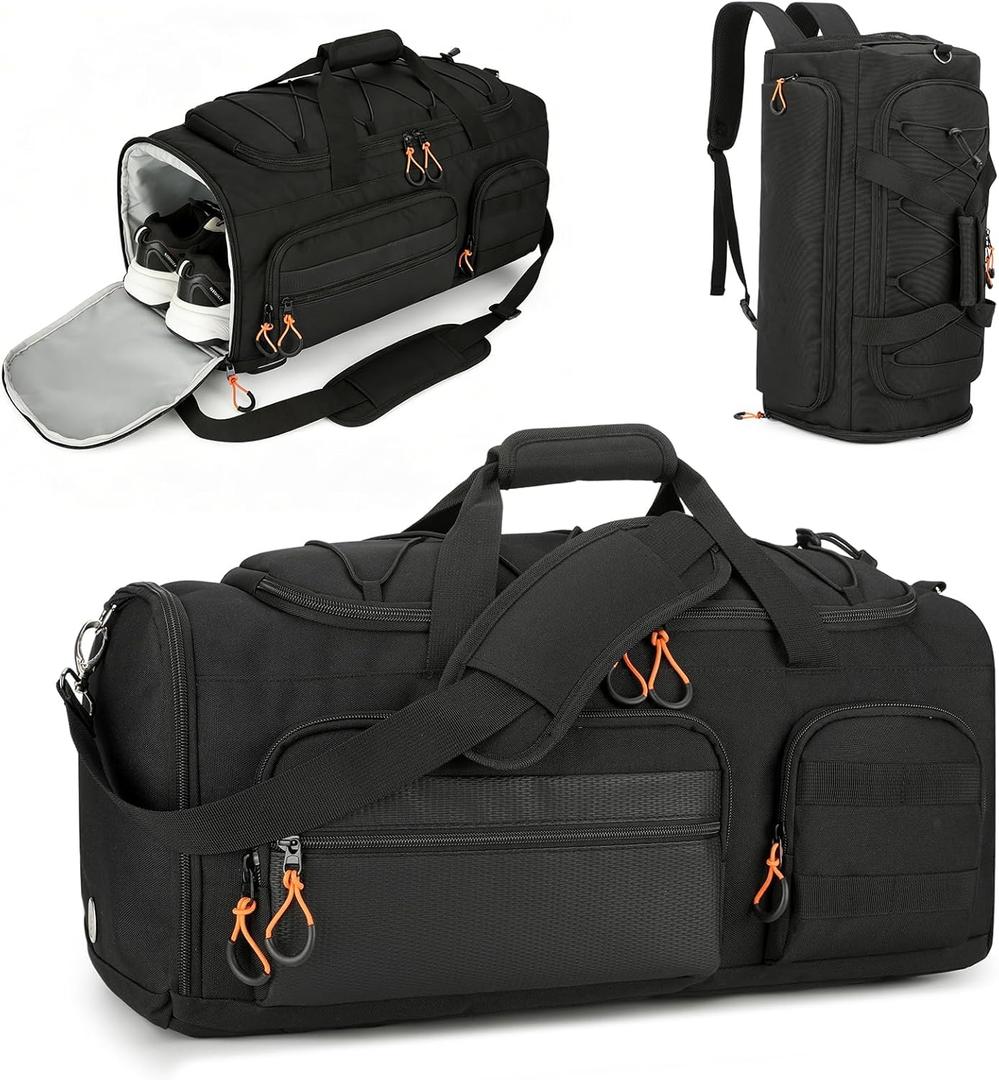 Searock 45L Gym Bag for Men, 3-In-1 Duffle Bag Backpack for Travel, Sports Duffel Bags for Gym Workout, Weekender Overnight Bag with Shoe Compartment, Wet Pocket, Black