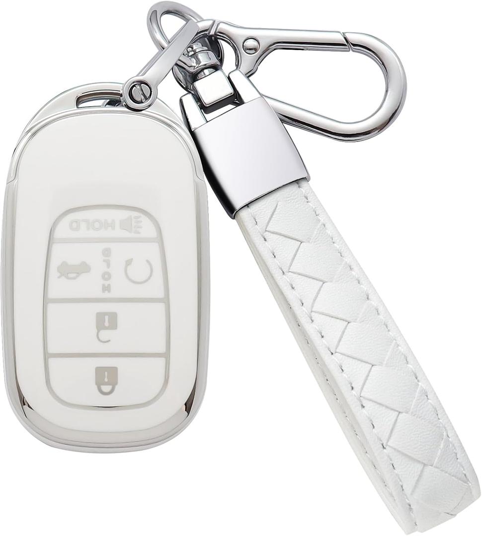 for Honda Key Fob Cover 5 Button Soft TPU with Leather Keychain 360 Degree Protection Key Case Shell Holder Fits for 2022 2023 2024 Honda Accord Civic HR-V CR-V Pilot Odyssey, B White