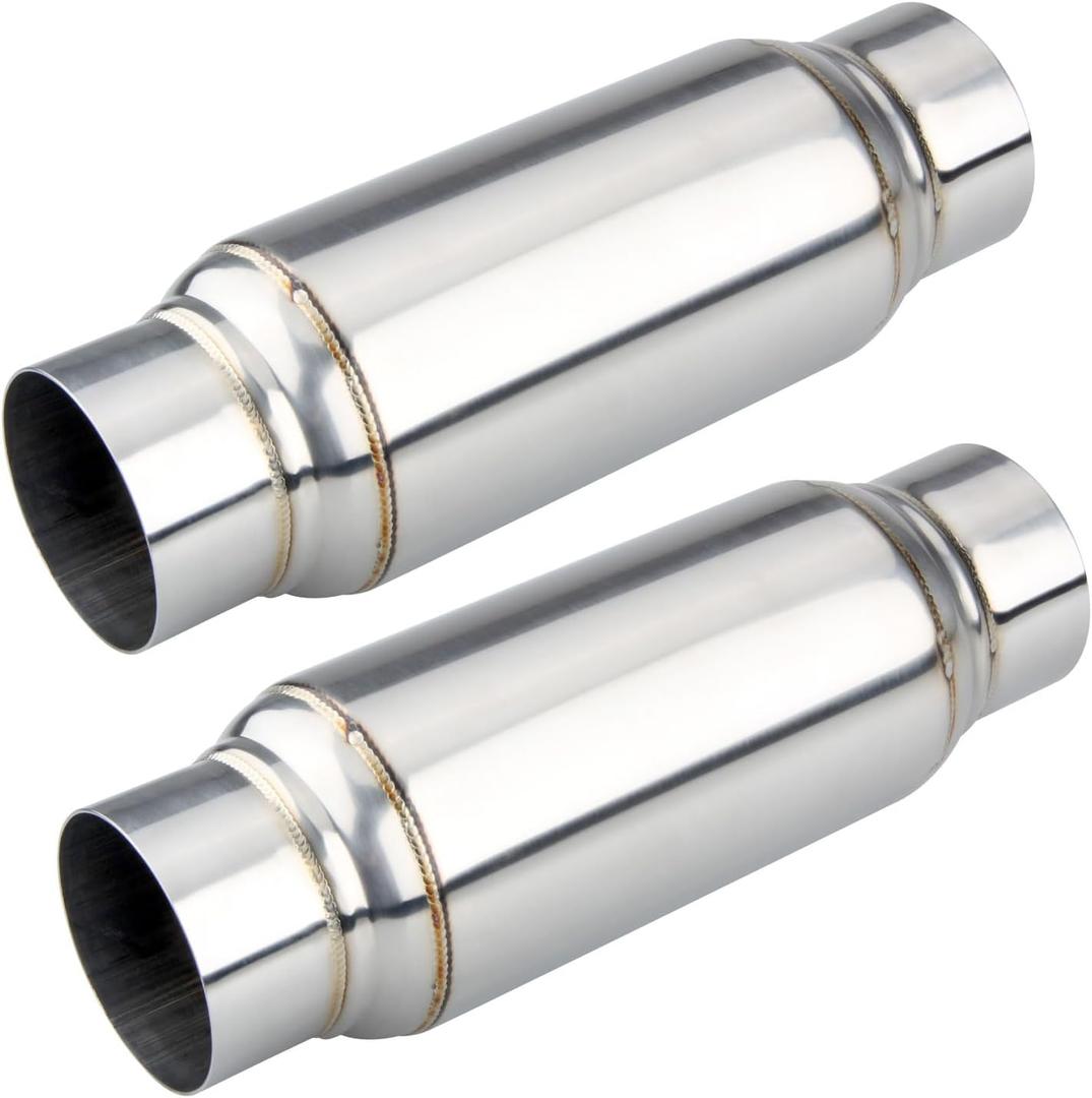 LCGP 3" Inlet Universal Resonator, 3" Outlet 12" Overall Length Stainless Steel Performance Muffler, Polished, Straight Through Design, Deep Tone 2pcs (Silver)