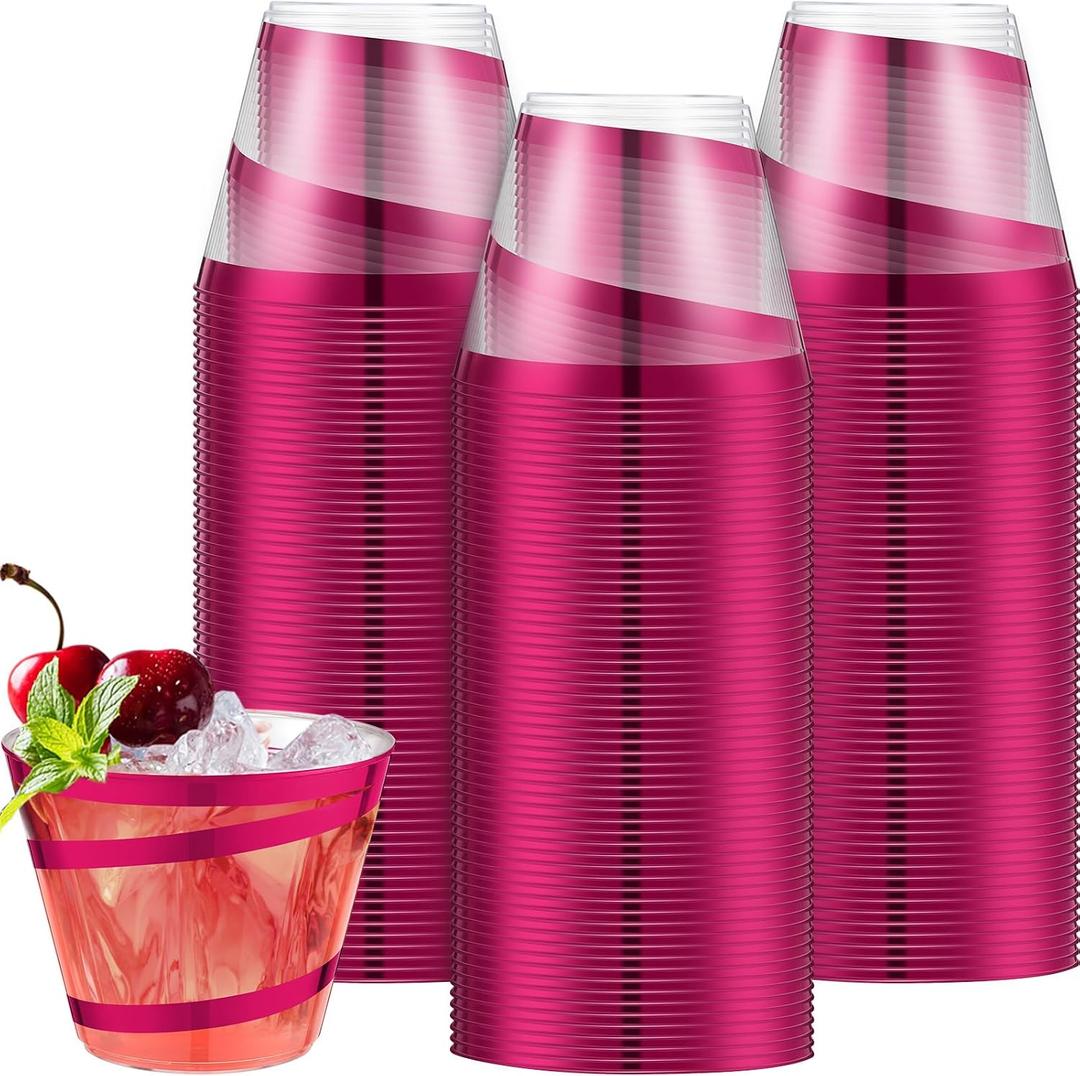 Gejoy 9 oz Rimmed Swirl Plastic Cups Disposable Wine Drinking Cups Clear Elegant Graduation Tumblers for Mother's Day Wedding Party Supplies(100 Pcs,Hot Pink)