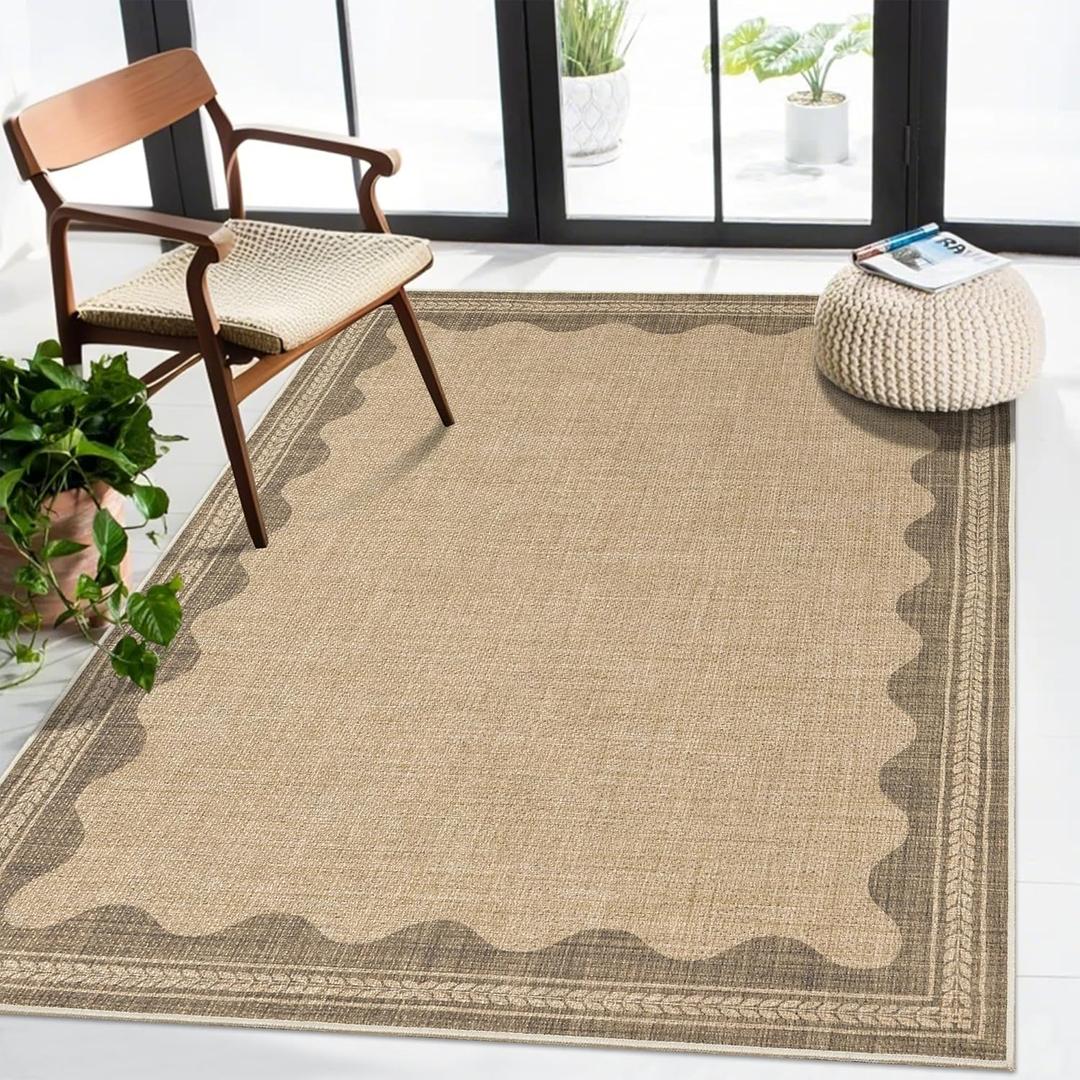 Easy Jute Rug 3x5 Outdoor Rug Scalloped Washable Rugs for Entryway Non Slip Neutral Farmhouse Indoor Outdoor Carpet for Backyard Patio Office