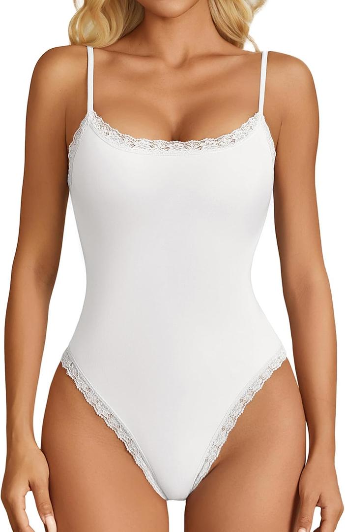 Avidlove Women Square Neck Lace Bodysuit Sleeveless Spaghetti Strap Tank Top Body Suits (White, S)