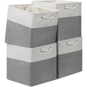 13x13 Storage Cube Bins 4Pack,Collapsible Cube Storage Organizer for Closet, Fabric Storage Box w/ Rope Handles, Foldable Storage Baskets for Shelves, Clothes,Closet Organization - White/Gray (131313/4pcs)