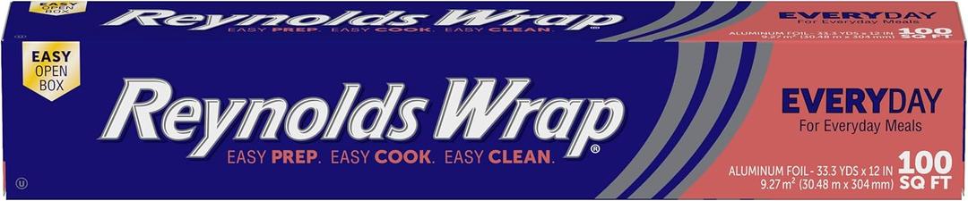 Reynolds Wrap Everyday Strength Aluminum Foil Roll, Freezer Safe and Grill Safe, Great for Foil Packets and Home Cooking, 12 Inches Wide, 100 Total Sq. Ft.