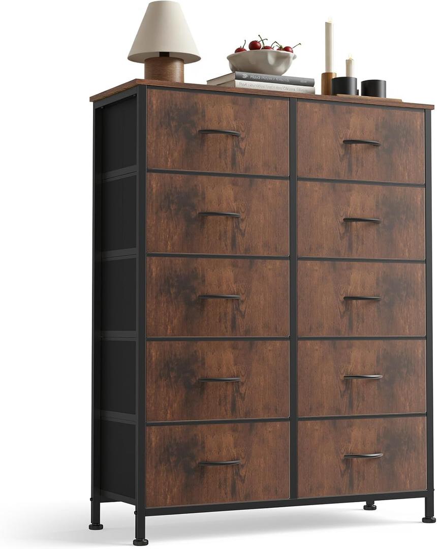 Sweetcrispy 10 Drawer Fabric Dresser Storage Tower with Bins, Tall Chest Organizer for Bedroom Closet Hallway, Steel Frame Wood Top Easy Pull Handles,Rustic Brown