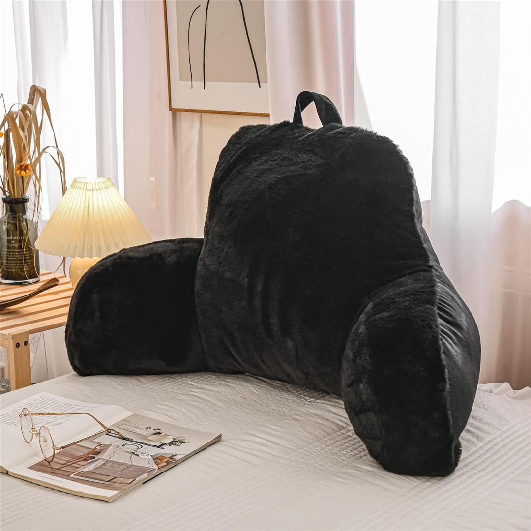 Holawakaka Reading Pillow for Sitting up in Bed Sofa Kids Teens, Backrest Pillow with Arms for Boys Girls Women Petites Pregnancy, Back Support Cushion for Couch Floor Nursery Playroom (Black)
