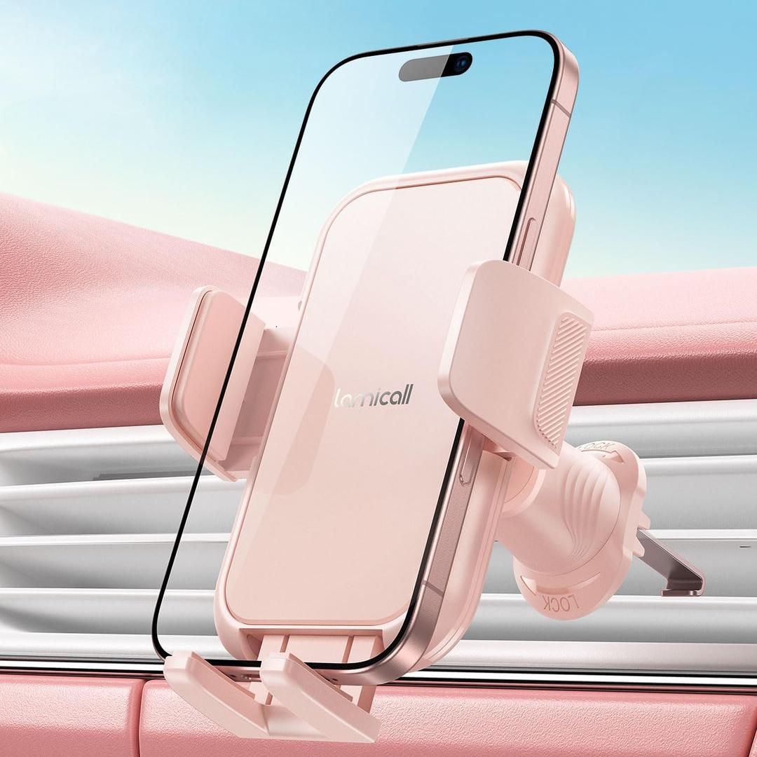 Lamicall 2025 Wider Clamp & Metal Hook Car Phone Holder Vent [Thick Cases Friendly] Phone Holders for Your Car Mount Automobile Hands Free Cradle Air Vent Pink (NEW Upgraded - Pink)