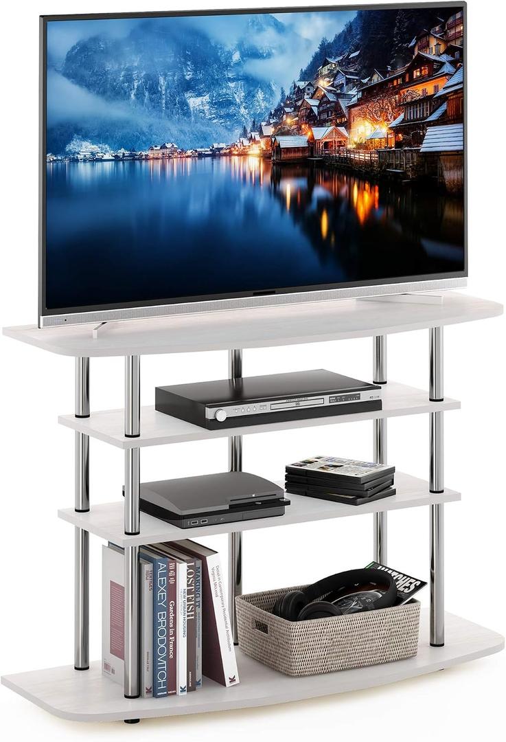 Furinno Frans Turn-N-Tube TV Stand for TV Size up to 43 Inch, 4-Tier, White Oak, 4-Tier Stainless Steel Poles