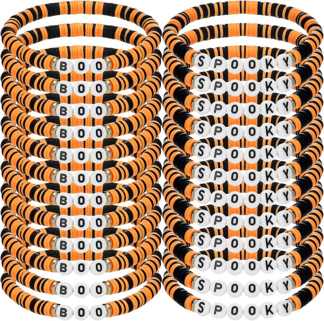 Yinkin 24 Pcs Spooky Boo Halloween Bracelets Polymer Clay Beaded Stretch Bracelets Letter Boho Jewelry for Women Halloween Party Favors for Family Friend Accessory Gift(Orange and Black)