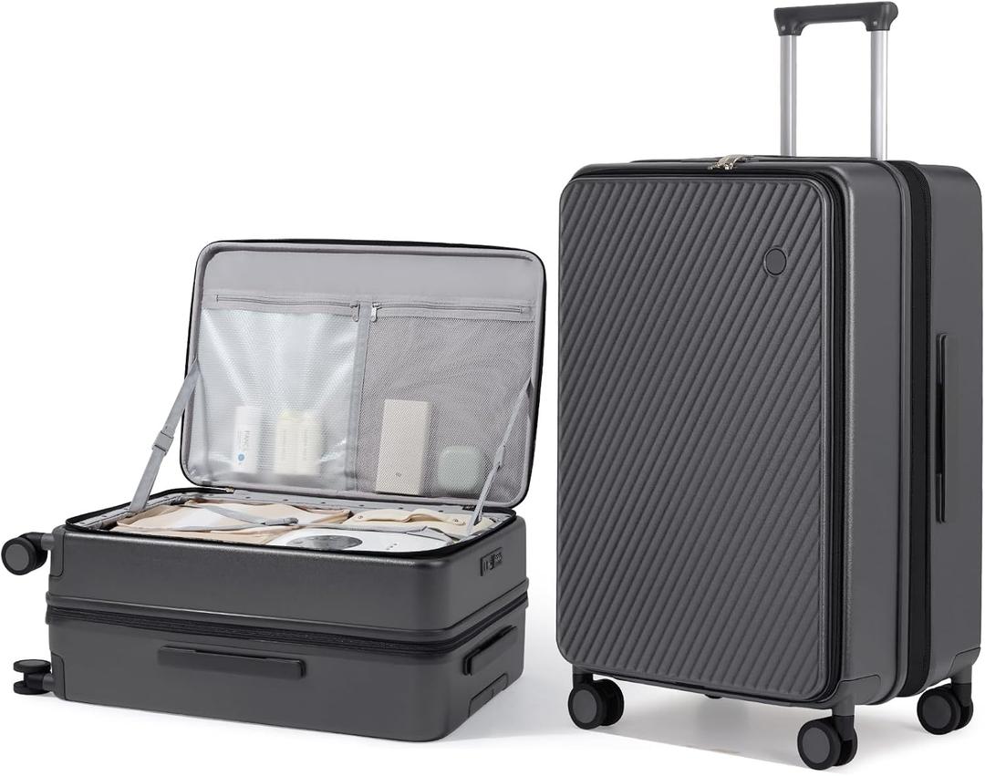 24 Inch Large Expandable Checked Luggage PC Hard Shell Suitcase Top Opening Rolling Travel Suitcases with Spinner Wheels & TSA Lock, Rock Gray