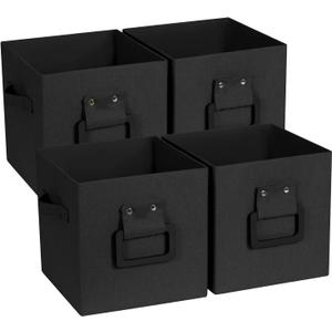 Collapsible Fabric Storage Cubes Organizer with Wood Handle, Cube Storage Bins Foldable Baskets for Organizing Home Office Closet Clothes Books, 10.5x10.5x11 Inch, 4 Pack, Black