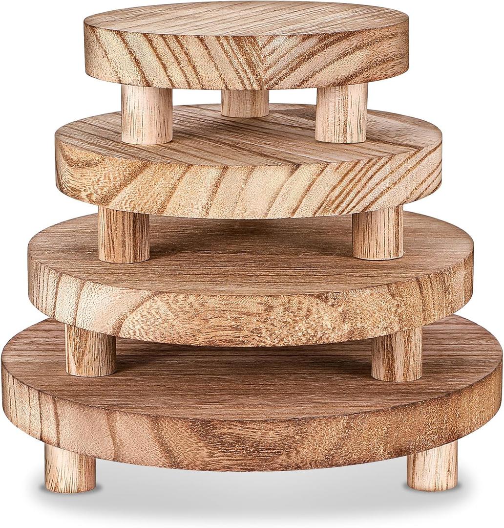 4 Pcs Wood Risers Display Stands Wooden Risers for Table Display Mini Riser Stand Round Rustic Wooden Riser Holder Tiered Tray Decor Riser for Home Decor Kitchen Counter