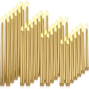 Rossesay 48 Pcs Flameless LED Taper Candles Battery Operated Candles 4 Sizes of 8.5'', 9.65'', 10.83'', 12.8'' Flameless Candlesticks Flickering for Halloween Christmas Church Wedding(Golden)