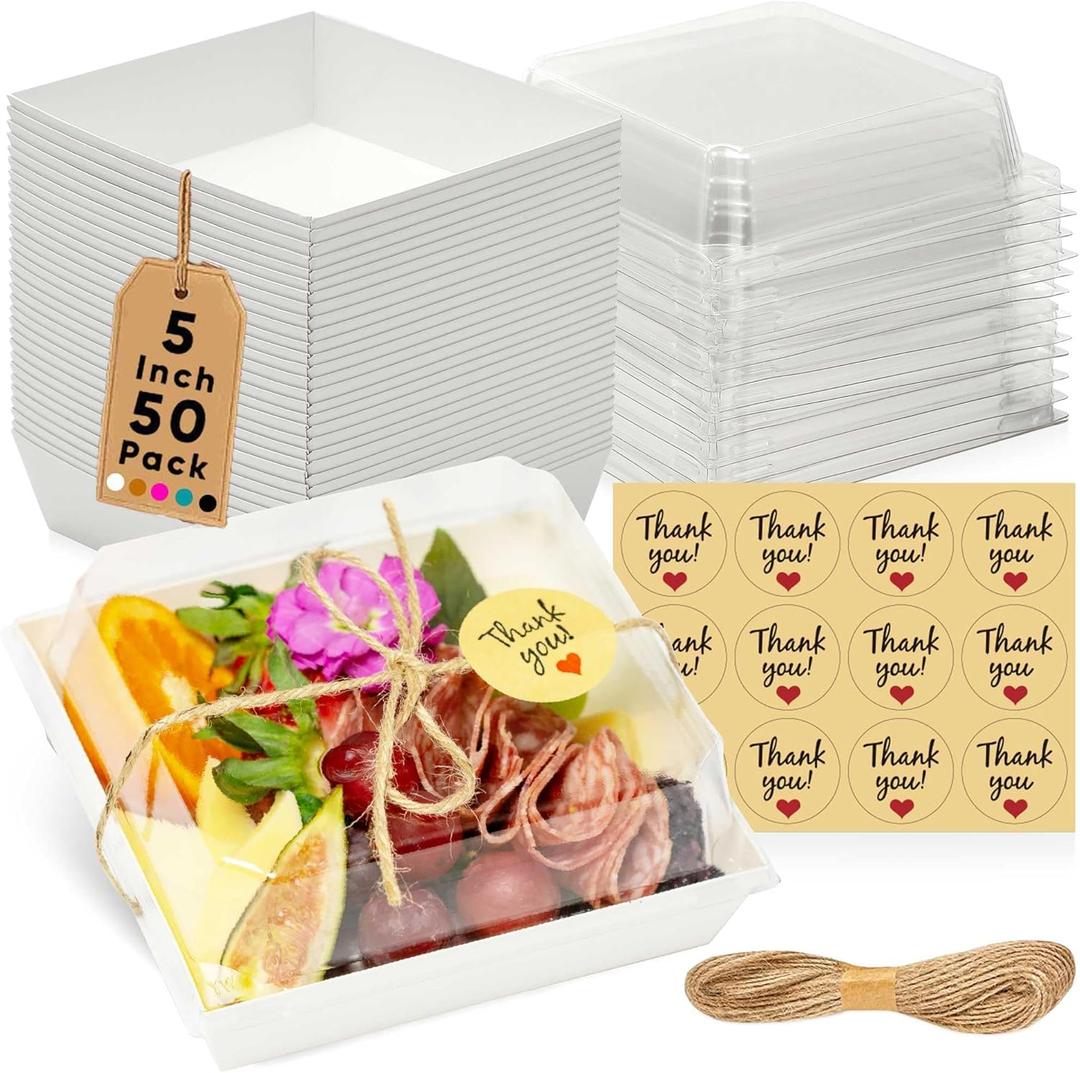 50 Pack Small Charcuterie Boxes with Clear Lids - To Go Paper Mini Charcuterie Box, Disposable Food Containers, 5Inch Dessert Boxes - Sandwich, Cookie, Sushi, Cake Slice, Strawberries (White)