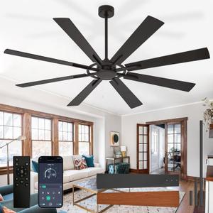 Large Ceiling Fan No Light: Modern 72 Inch 8 Blade Outdoor Ceiling Fans with Remote APP Control - Black Big Fan without Light Indoor Reversible 6 Speed Quiet DC Motor