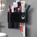 Wekity Multifunctional Wall-Mounted Toothbrush Holder, Automatic Toothpaste Dispenser Space Saving Toothbrush and Toothpaste Holder, with 2 Cups and Drawers Cosmetic Organizer (Black)