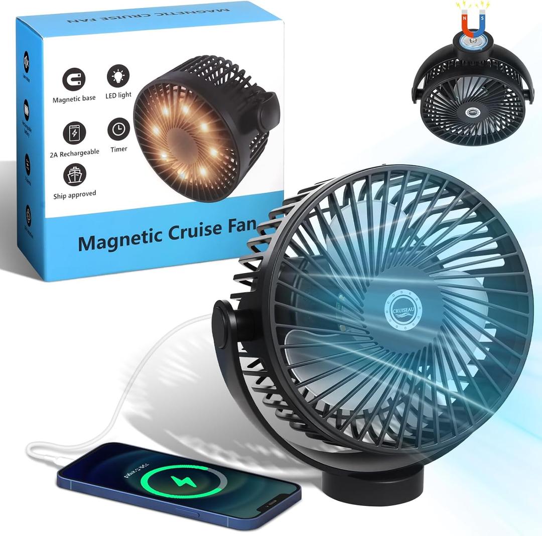 Magnetic Cruise Fan with 8000mAh Rechargeable Battery, LED Light, Timer & Power Output, Magnetically Sticks on Cabin Ceilings and Walls, Ship Approved Cabin Air Circulator