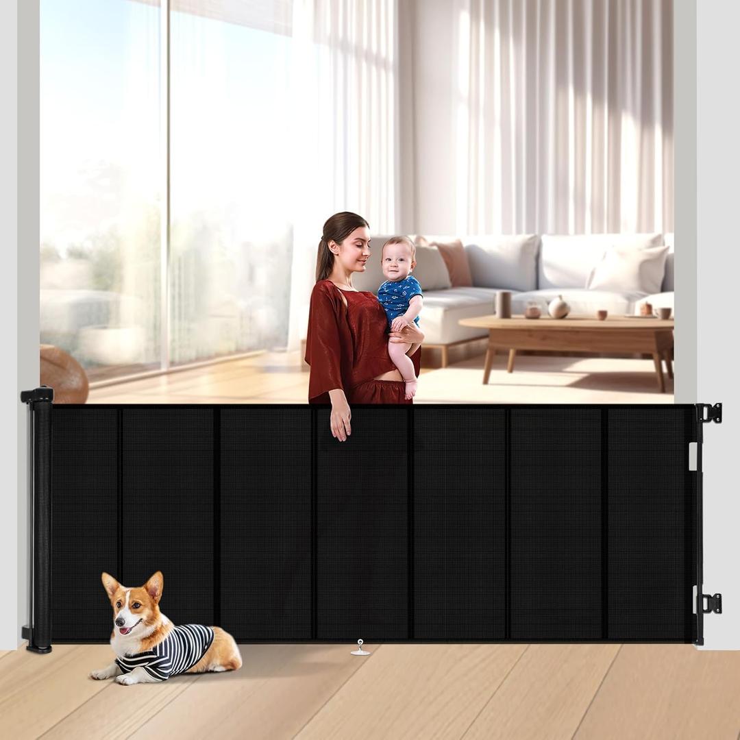 Upgrade 120 inch Retractable Baby Gates Extra Wide with Reinforced Strip Design to Prevent Crawling Through, 10 Foot Retractable Dog Gate, 42" Tall, Retractable Gate for Indoor/Outdoor (42" Tall x 120" Wide, Black)