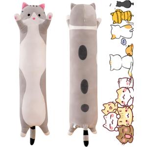 Long Gray Cat Plush Pillow Toy Sleeping Pillow Cute Cartoon Cat Stuffed Animals Soft Long Body Pillow Gift for Kids(19.68in)