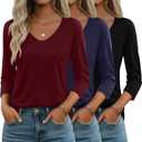 Huukeay 3 Pack Women's 3/4 Sleeve T-Shirts, V Neck Casual Tops Loose Fit Tunic Basic Tees 3/4 Length Sleeve Soft Blouses,M