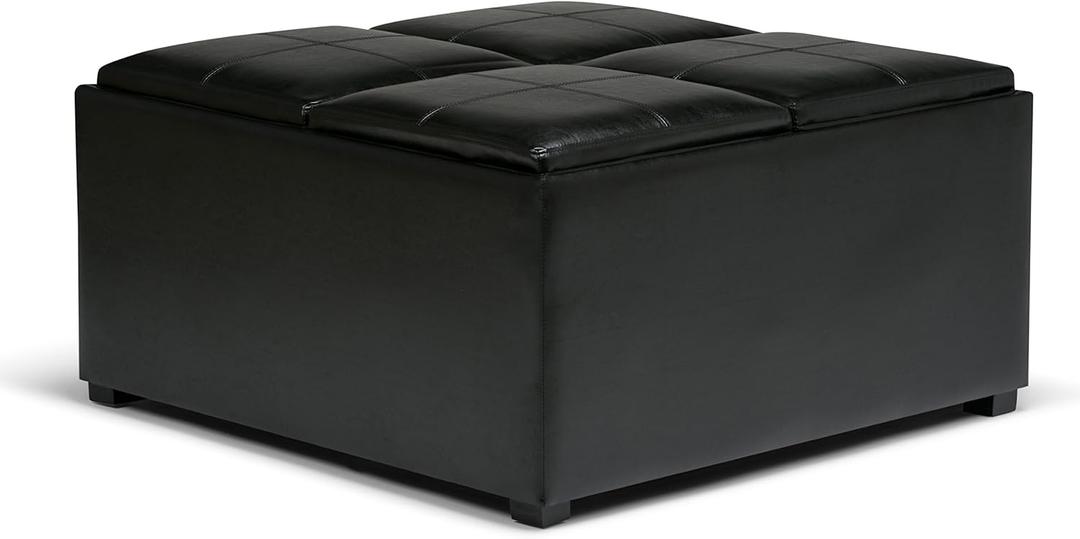 SIMPLIHOME Avalon Wide Contemporary Square Coffee Table Storage Ottoman, Midnight Black, Table Ottoman