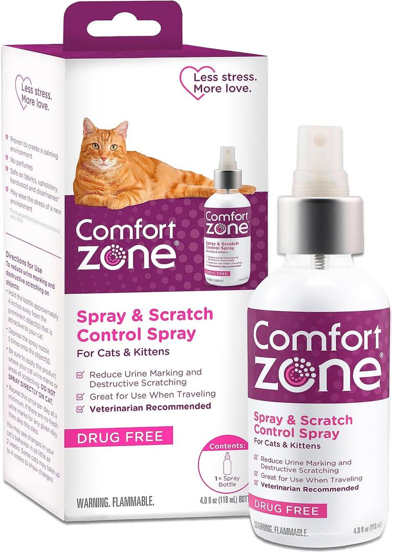 Comfort Zone Cat Calming Pheromone Spray: Value Size (4 oz); Proven to Reduce Destructive Scratching, Urine Marking, and Stress (4 Fluid Ounces)