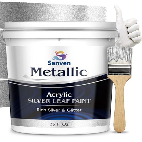 Silver Paint 35 Fl Oz Metallic Liquid Silver Leaf Paint Rich Silvers Paint for Metal, Wood, Canvas, Appliance, Furniture, Clay DIY, & Art Handcrafts Fast Dry Acrylic Metallic Finish Artwork Home Décor