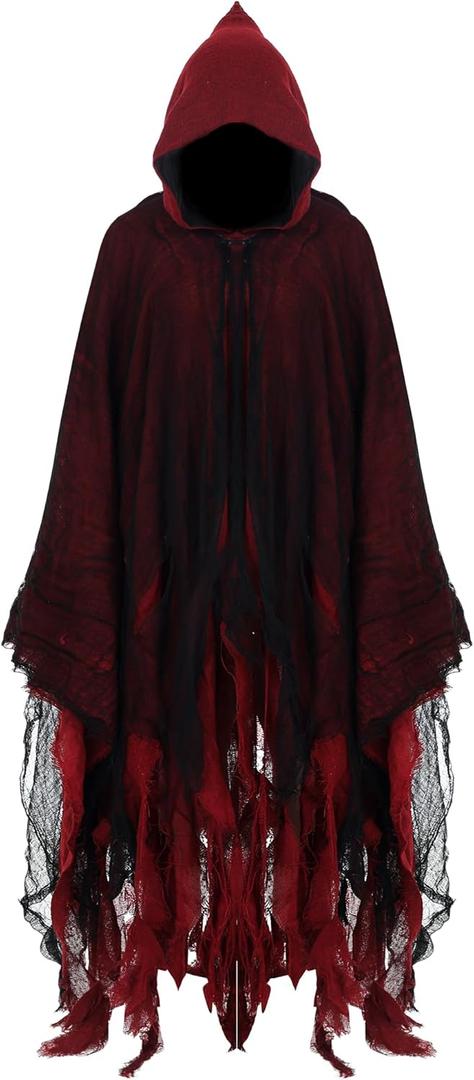 Geyoga Grim Reaper Costume Scary Hooded Cape Witch Costume Hooded Cape for Adult Women Man Cosplay Props (X-Large, Red)
